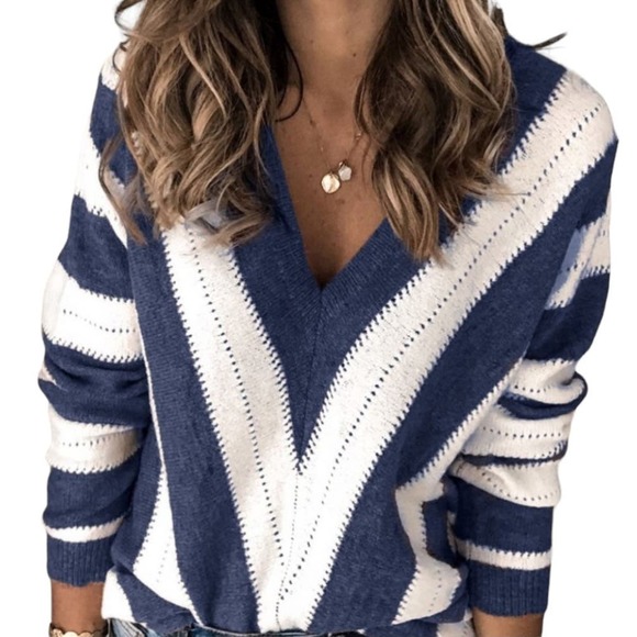 BLUE WHITE STRIPED COLOR BLOCK V NECK KNITTED SWEATER LARGE - Picture 5 of 8